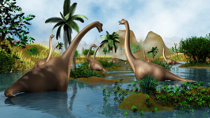Brachiosaurus dinosaurs grazing in a prehistoric environment. © Stocktrek Images