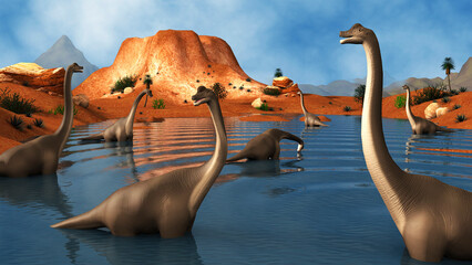 Brachiosaurus dinosaurs grazing in a prehistoric lake. © Stocktrek Images