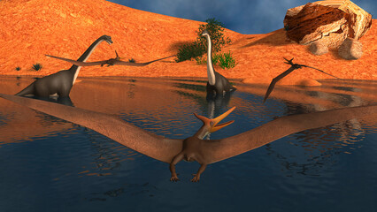 Pteranodon reptiles flying over a group of Brachiosaurus dinosaurs. © Stocktrek Images