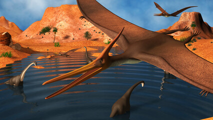 Pteranodon reptiles flying over a group of Brachiosaurus dinosaurs. © Stocktrek Images