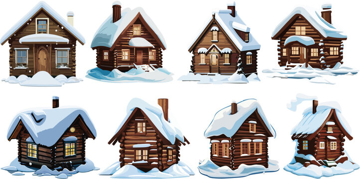 Conjunto de cabañas de madera nevadas para navidad o paisajes nórdicos 01