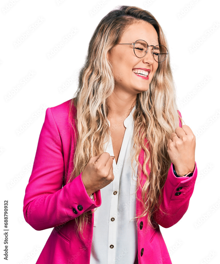 Sticker Young blonde woman wearing business style and glasses excited for success with arms raised and eyes closed celebrating victory smiling. winner concept.