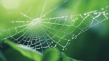 Close-up of Dew Drops on Spider Web Against Green Background