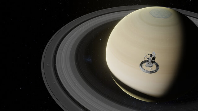 3D illustration of Space Station Approaching Planet Saturn Orbit with ring and moon