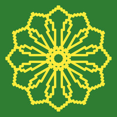 A round vector ornament on green background yellow color artwork can be used for interior decoration and fabric pattern design 