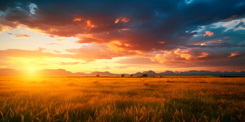 The warm hues of the sunset over the vast plains create a serene and expansive scene. - obrazy, fototapety, plakaty