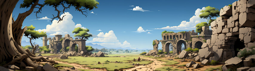 "Image of architectural ruins, landscape of structural ruins, ancient world."