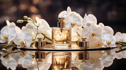 High-end perfume flacons with a golden sheen, positioned on a reflective surface with white orchids. A banner area on the lower third for product descriptions.