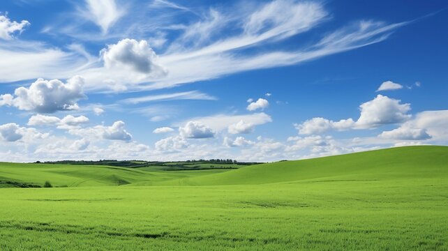 the green fields of the countryside under a blue sky