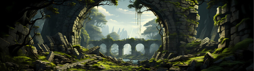 "Image of architectural ruins, landscape of structural ruins, ancient world."