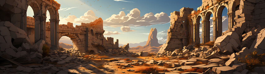 "Image of architectural ruins, landscape of structural ruins, ancient world."