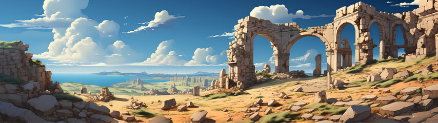 "Image of architectural ruins, landscape of structural ruins, ancient world."
