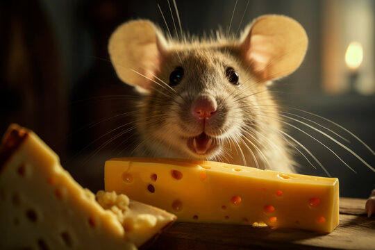 Generative AI image of a happy mouse with cheese