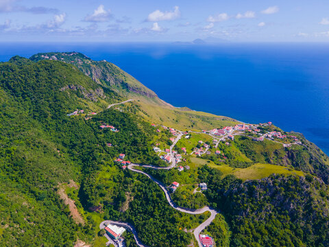 Road to Fort Bay Harbor from The Bottom historic town center aerial view in Saba, Caribbean Netherlands. 