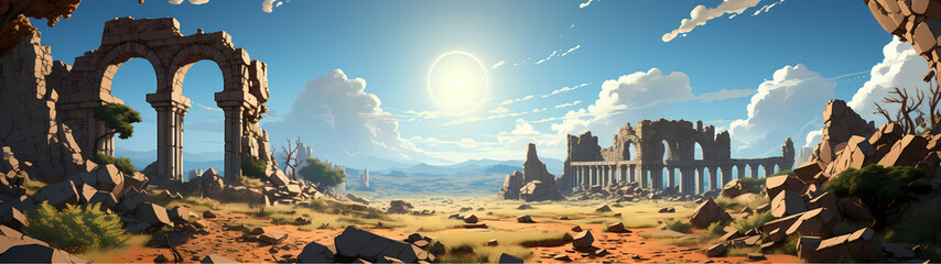 "Image of architectural ruins, landscape of structural ruins, ancient world."