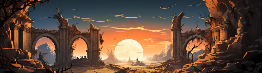 "Image of architectural ruins, landscape of structural ruins, ancient world."