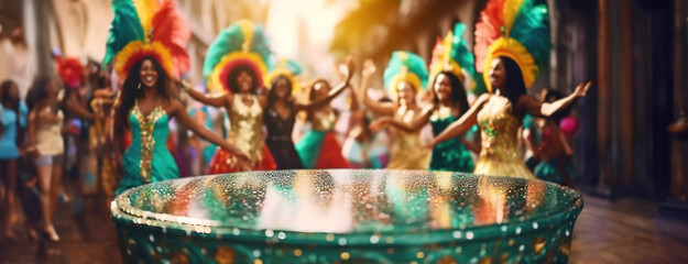 Vibrant Carnival Dancers Celebrating with Joyful Dance in Brazil, copy space, wide panorama