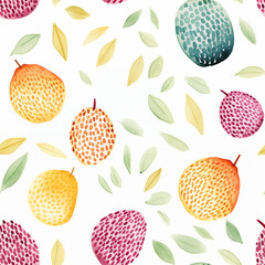 Seamless watercolor pattern with lychee and leafs. Colorful simple design elements isolated on White background for healthy vitamin food concept, gift wrap, kitchen decorations