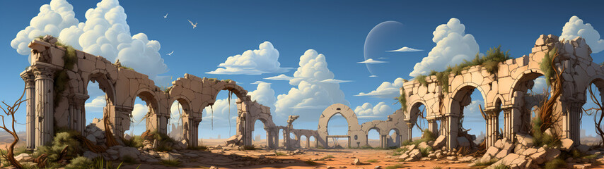 "Image of architectural ruins, landscape of structural ruins, ancient world."