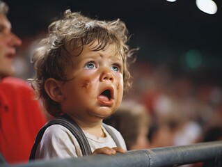 Stadium Surprise: Candid Baby Crying Close-Up - obrazy, fototapety, plakaty