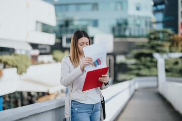 Young Woman Collaborating with Team in Urban City for Successful Business Expansion.