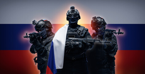 Russian soldier in uniforms on background of Russia flag with weapon gun. Rus Military army banner...