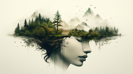 Human Head blended in dreaming Nature Forest on white background