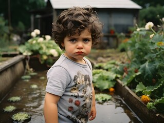 Unamused Infant Tending to the Garden