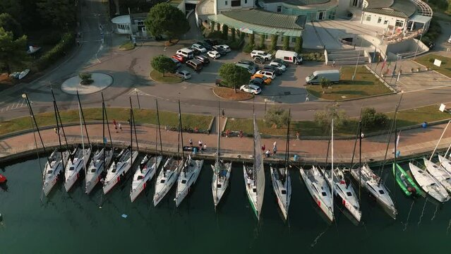 Aerial view of parking of sailing sports yachts in Izola, Slovenia.