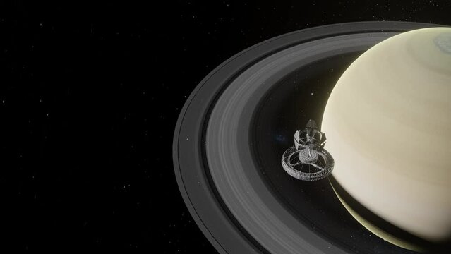 Space Station Orbiting Gas Giant Planet Saturn With moon and rings