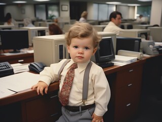 Baby's perplexed gaze amidst working professionals.