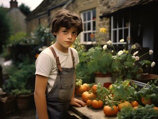 Authentic Portrait of a Boy Tending to Plants