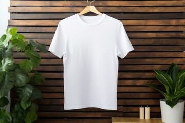 A pristine white canvas 3001 T-shirt mockup hangs gracefully from a clothes stand, casting a stylish allure in a cozy room setting
