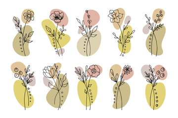 Hand drawn outline flowers in doodle style with abstract spots, set. Icons, vector