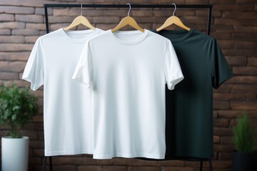 A pristine white canvas 3001 T-shirt mockup hangs gracefully from a clothes stand, casting a stylish allure in a cozy room setting