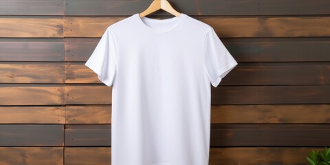 A pristine white canvas 3001 T-shirt mockup hangs gracefully from a clothes stand, casting a stylish allure in a cozy room setting