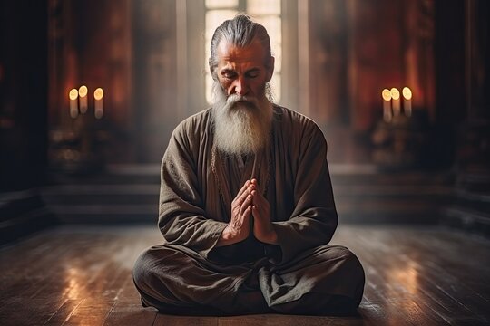 old man praying. Monk praying in temple