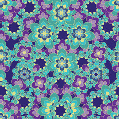 Symmetric floral pattern with south Asian inspiration in cool purple colors. Vector seamless pattern design for textile, fashion, paper, packaging, wrapping and branding