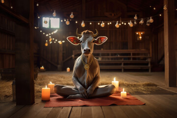Fototapeta na wymiar Funny image of a spiritual cow guru doing yoga in a barn with candles and copy space