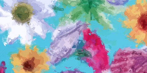 Oil painting and various flowers, marine creatures, roses, peonies, beautiful wedding illustrations