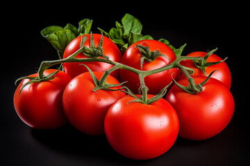 A bunch of ripe juicy red tomatoes on the vine isolated, black background