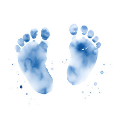 Blue baby footprints watercolor painting with white background 