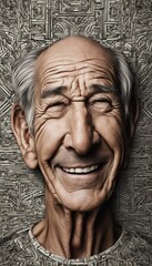 Fototapeta premium Abstract portrait of an old man who smiles broadly against a background of small mosaics
