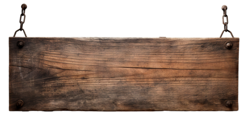 Weathered wooden sign hanging on a chain, cut out