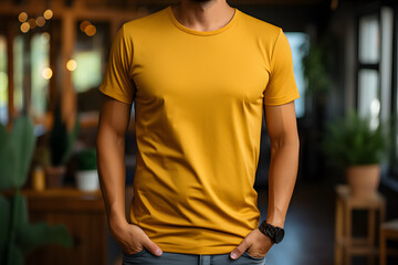 yellow blank mockup T-shirt, the creator of the scene. an empty space for your drawing. copy space. - obrazy, fototapety, plakaty