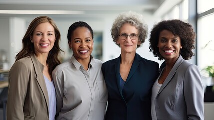 Womens Day. Labor Day. Interracial group of powerful independent executive women in the office Generative AI - obrazy, fototapety, plakaty