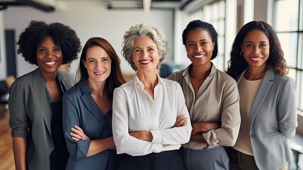Womens Day. Labor Day. Interracial group of powerful independent executive women in the office Generative AI