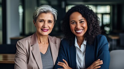 Womens Day. Labor Day. Interracial couple of powerful independent executive women in the office Generative AI