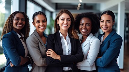 Womens Day. Labor Day. Interracial group of powerful independent executive women in the office Generative AI