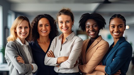 Womens Day. Labor Day. Interracial group of powerful independent executive women in the office Generative AI